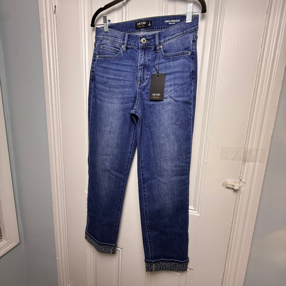 Nicole by Nicole Miller Cuffed Jeans Women 8 Animal Print Straight High Rise NWT
